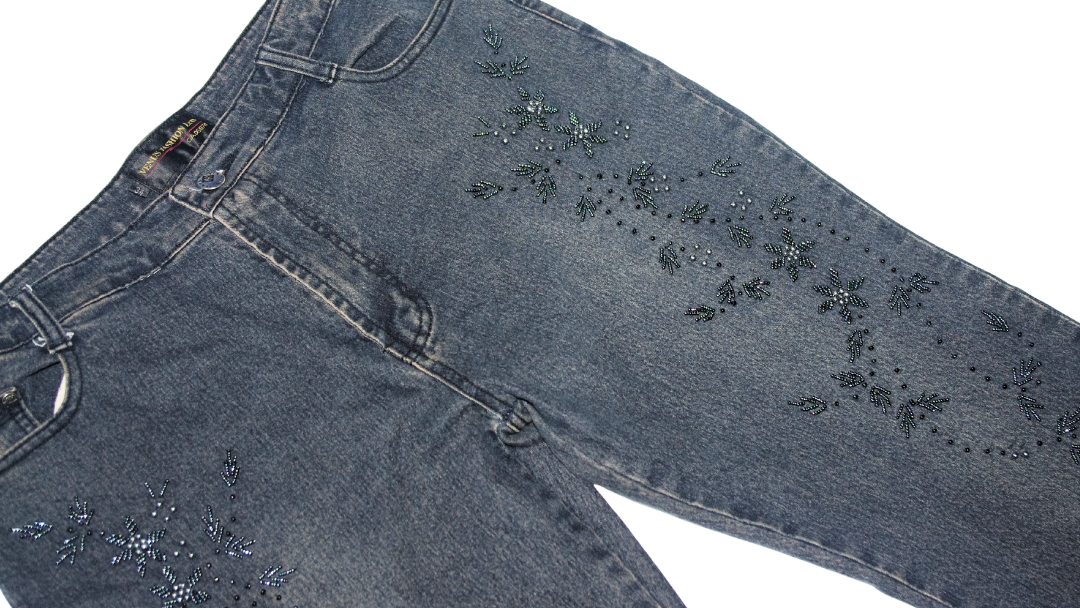 Embellished Floral Beaded Flared Jeans