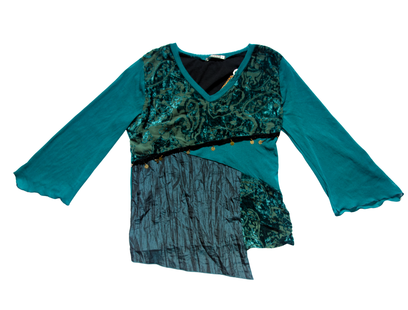 Teal Hippie Patchwork velvet flared sleeve top