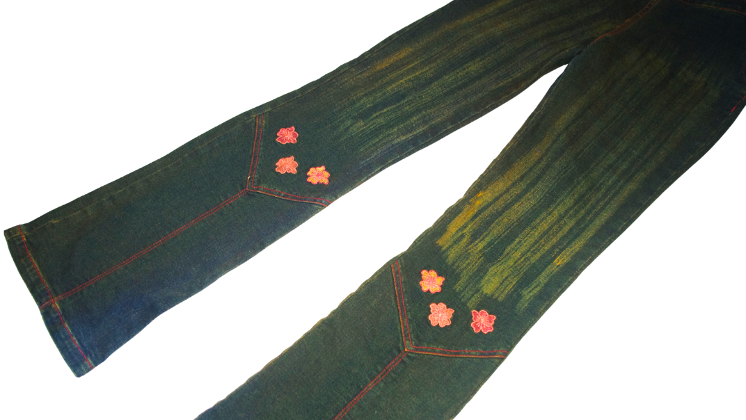 Green Tinted Washed Denim Bootcut / Flared Embroidered Jeans