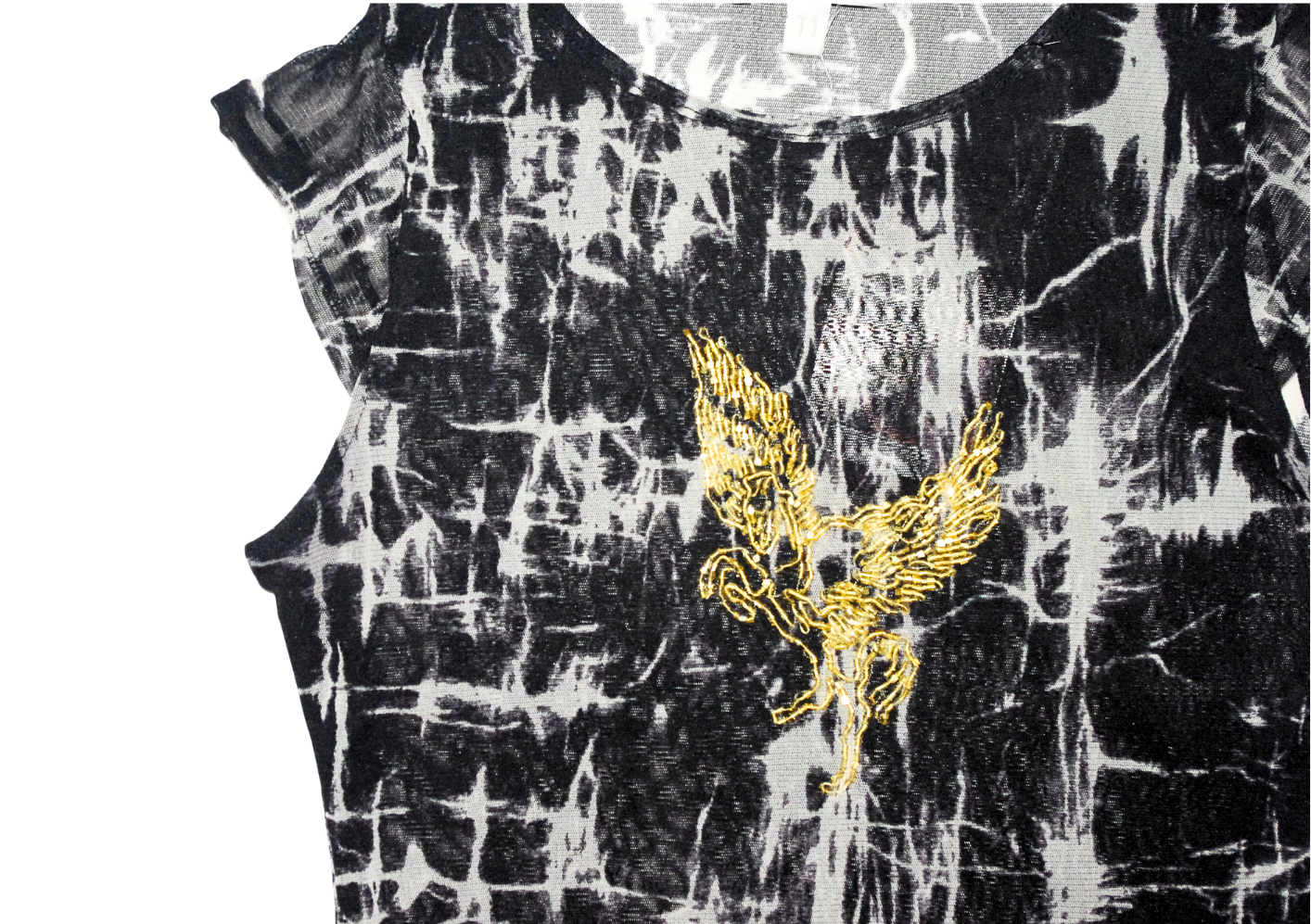 Y2K Black Mesh Abstract Crackle Print Beaded Bird Short Sleeve