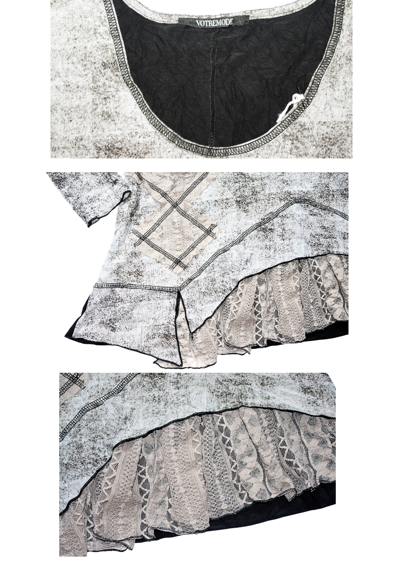 90s Grunge Grey Patchwork Layered Top