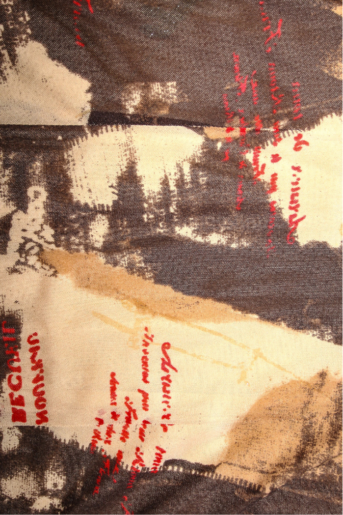 Brown Beige Graffiti Print Mesh Long Sleeve With Red Cursive writing