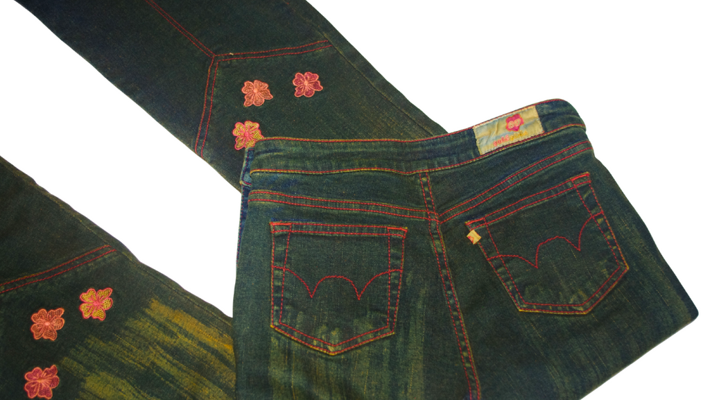 Green Tinted Washed Denim Bootcut / Flared Embroidered Jeans
