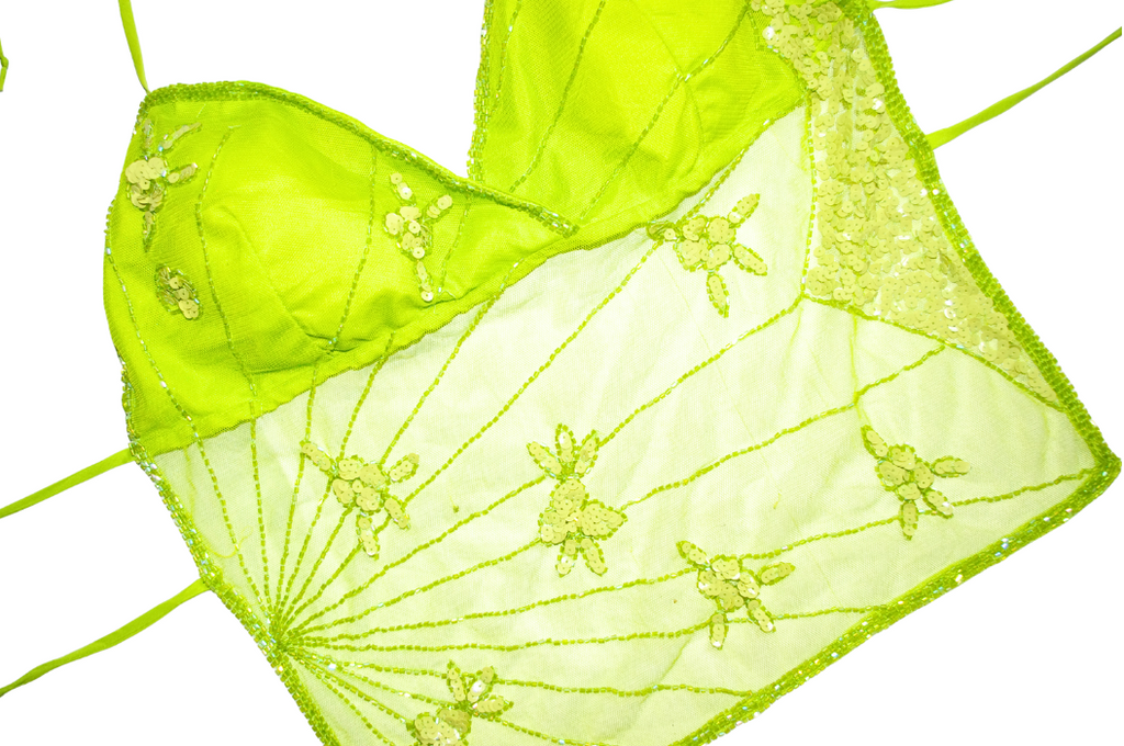 Vintage Y2K Seduction Lime Green Embroidered Beaded/Sequin Halter Top