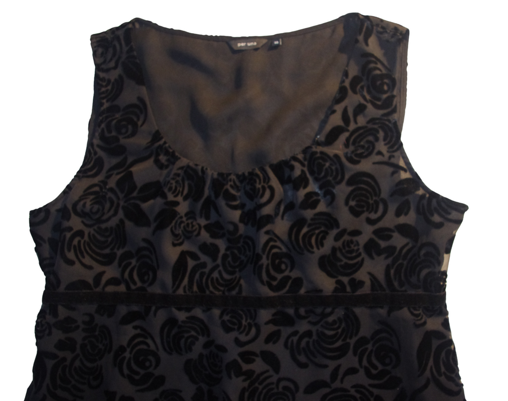 Black Baby Doll Style Sleeveless Top with Velvet Floral Detailing