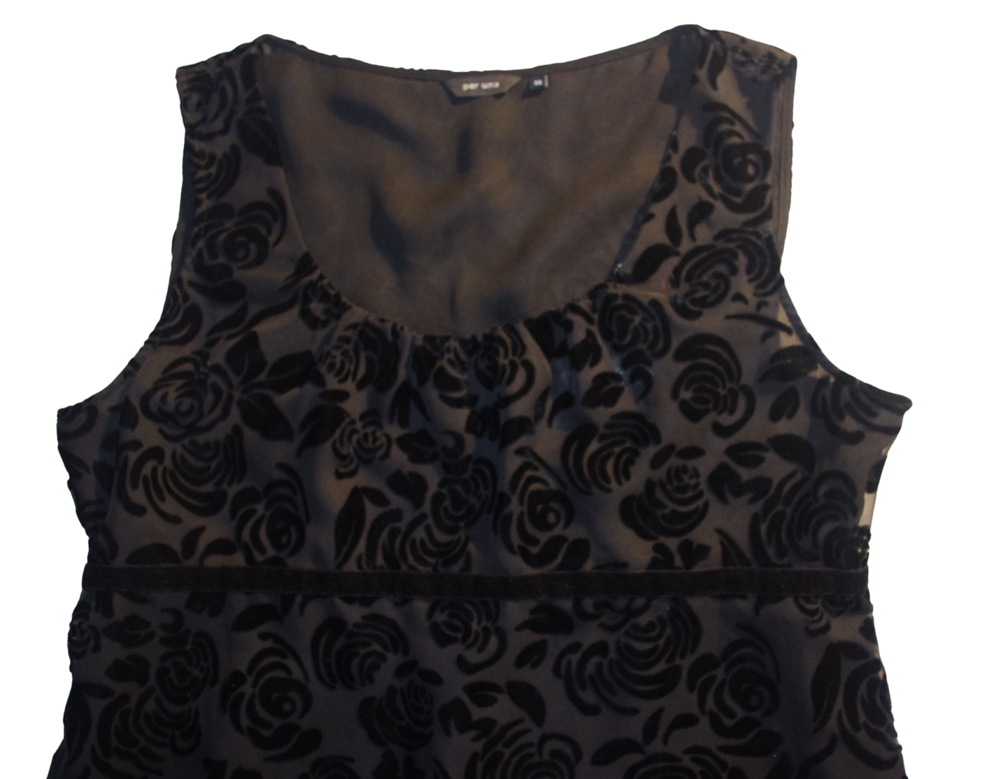 Black Baby Doll Style Sleeveless Top with Velvet Floral Detailing