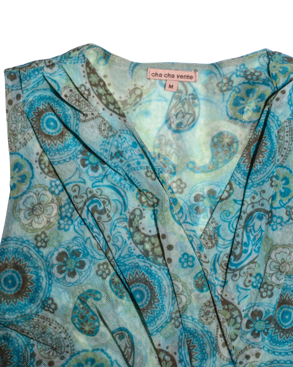 Turqoise Mesh Sleeveless Hippie Print top