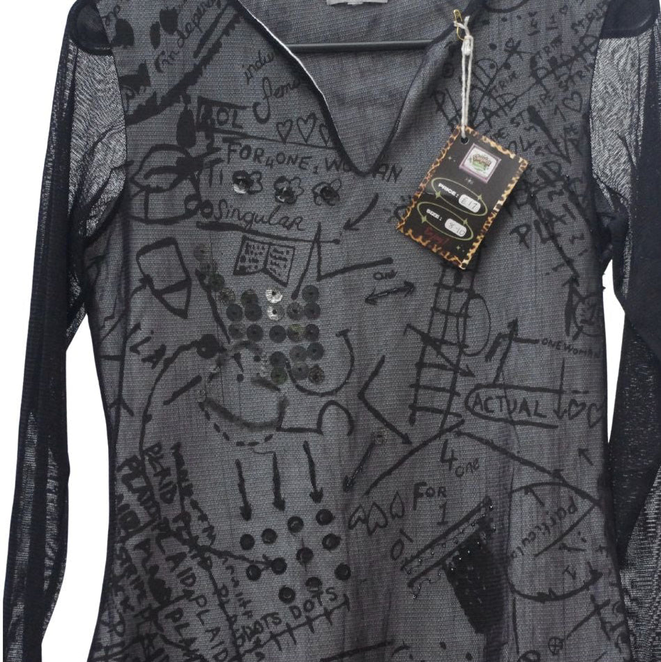 Grunge black mesh long sleeve graffiti top