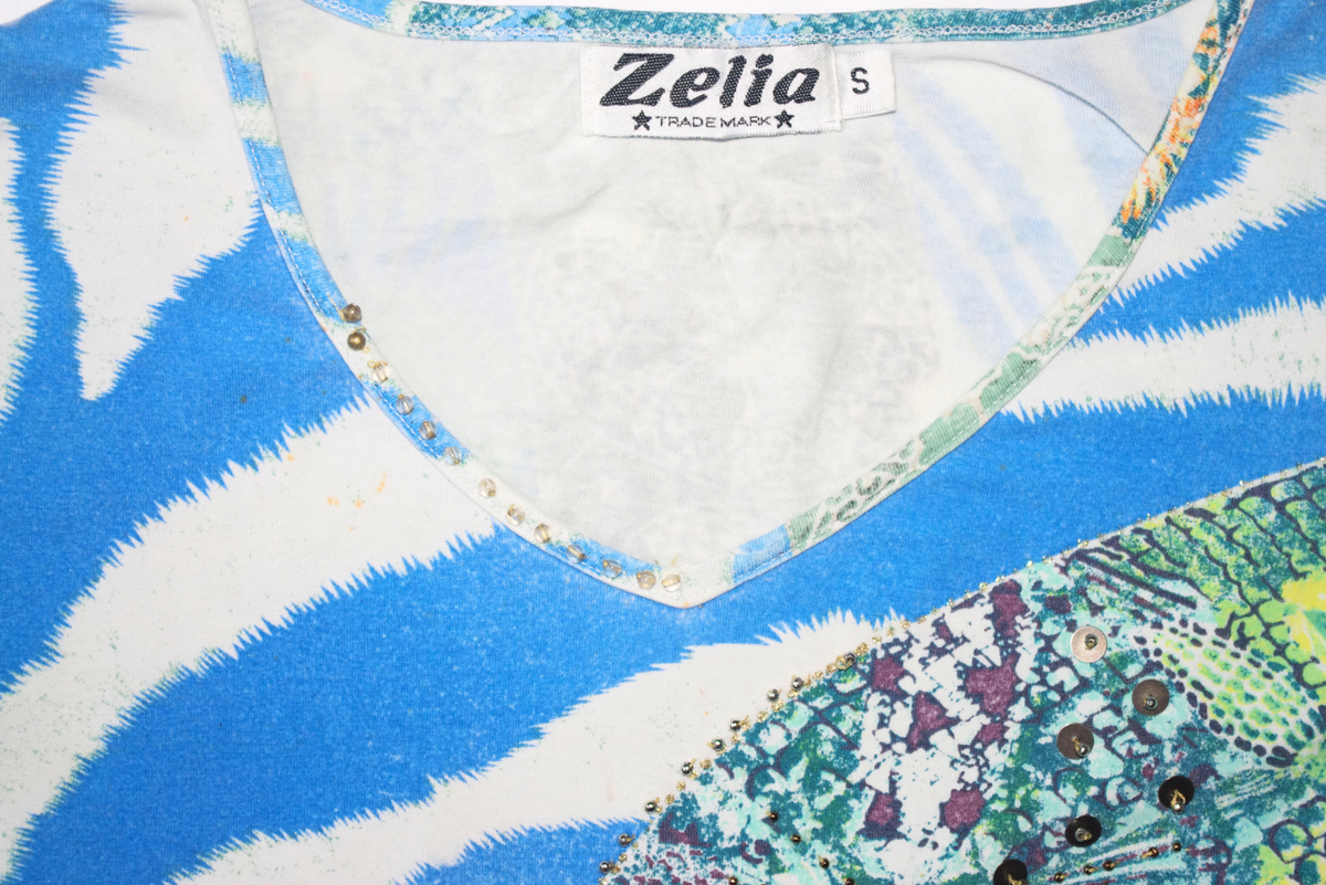 Zelia Blue Abstract Embellished Long Sleeve Top