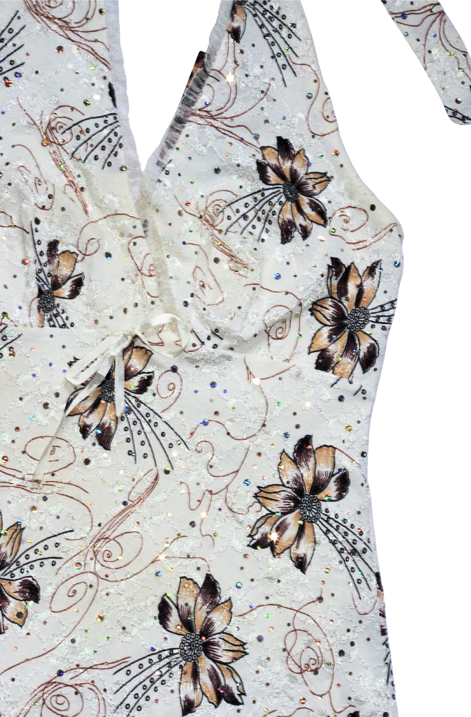 White Halterneck Floral Sparkly Dress with Lace Overlay