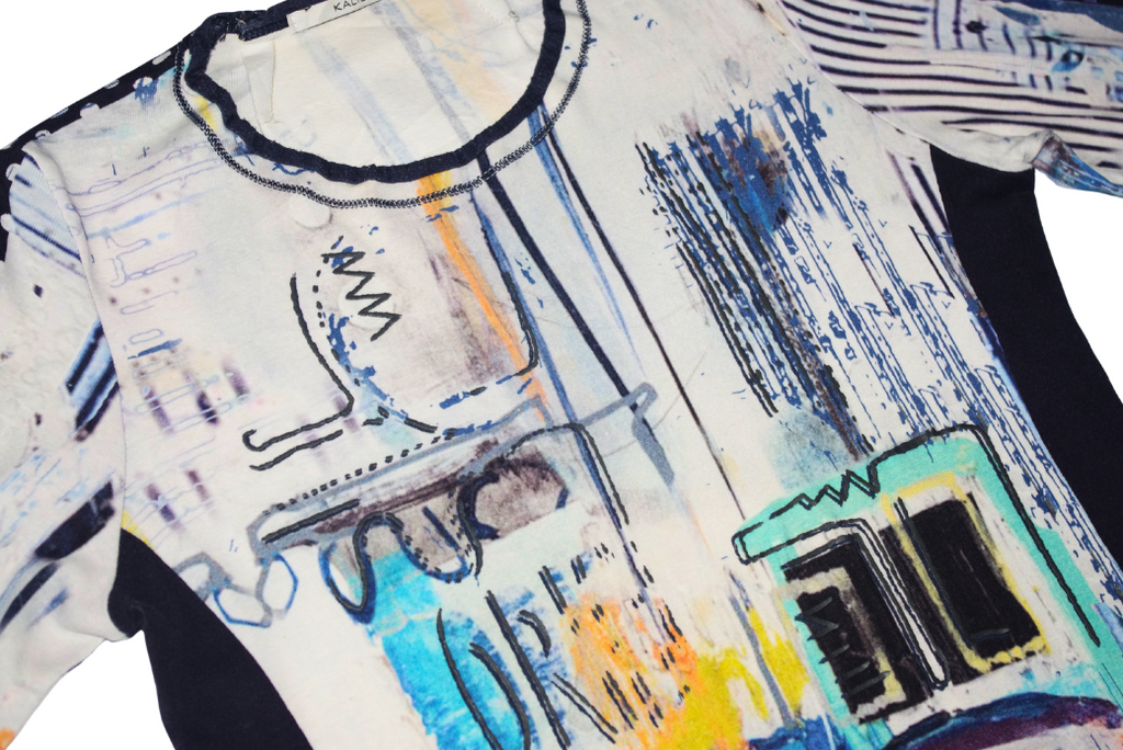 Abstract Graphic White & Blue Long Sleeve Top