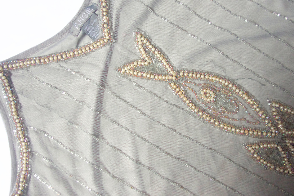 Grey Beaded Mesh Overlay Cami Dress