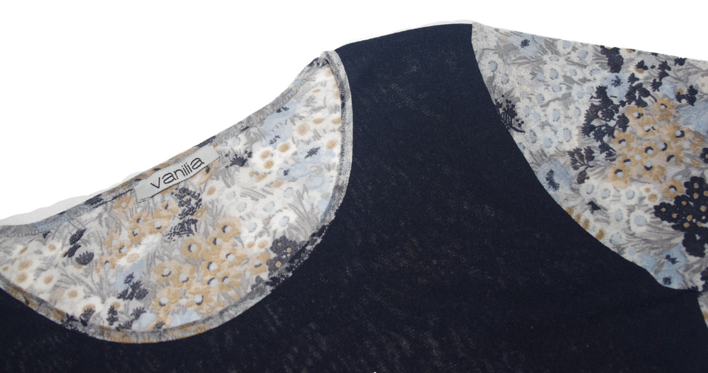 3/4 Sleeve Navy & Floral Pattern Mesh Top Flower Motif