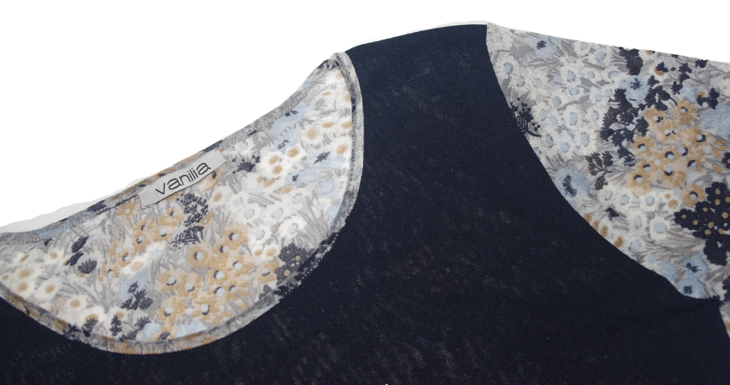 3/4 Sleeve Navy & Floral Pattern Mesh Top Flower Motif