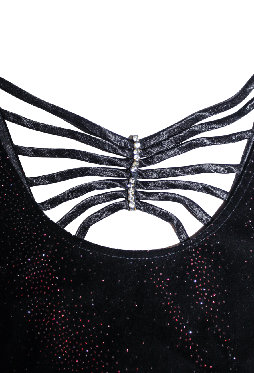 Black Velvet Strappy Mini Dress with Subtle Red Sparkles Throughout