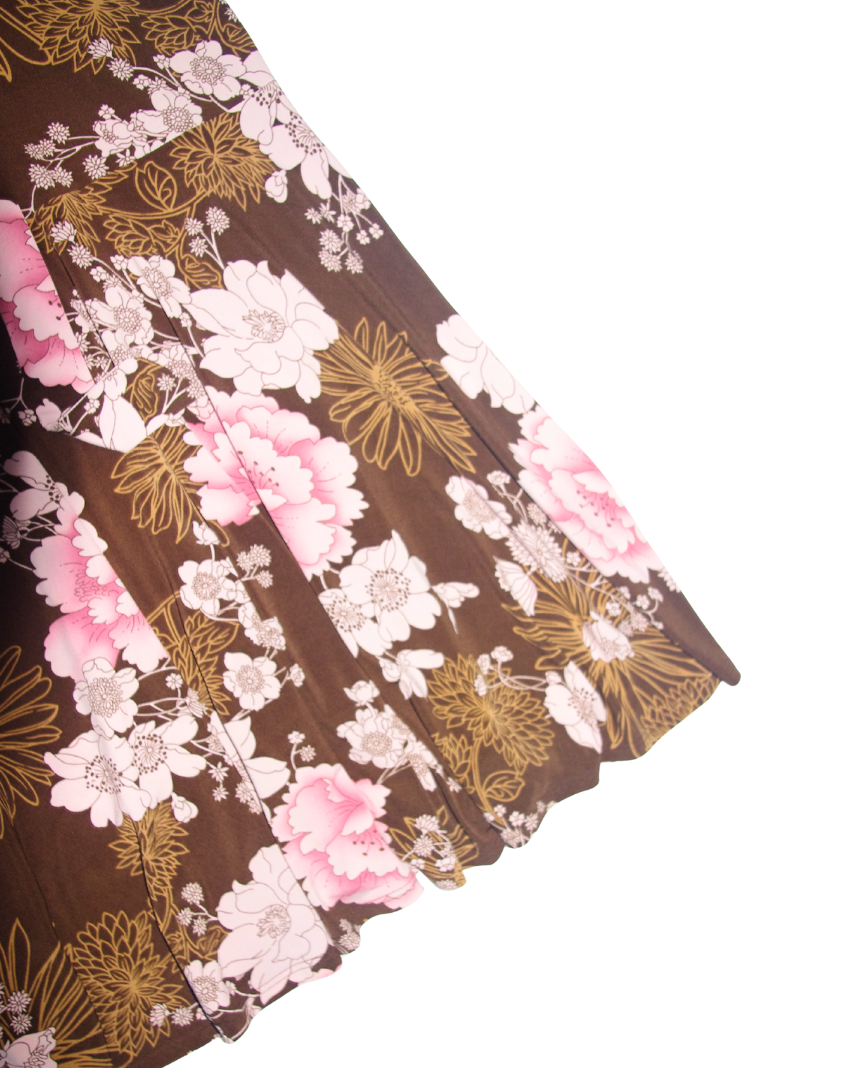 Brown and Pink Floral Midi Floaty Dress