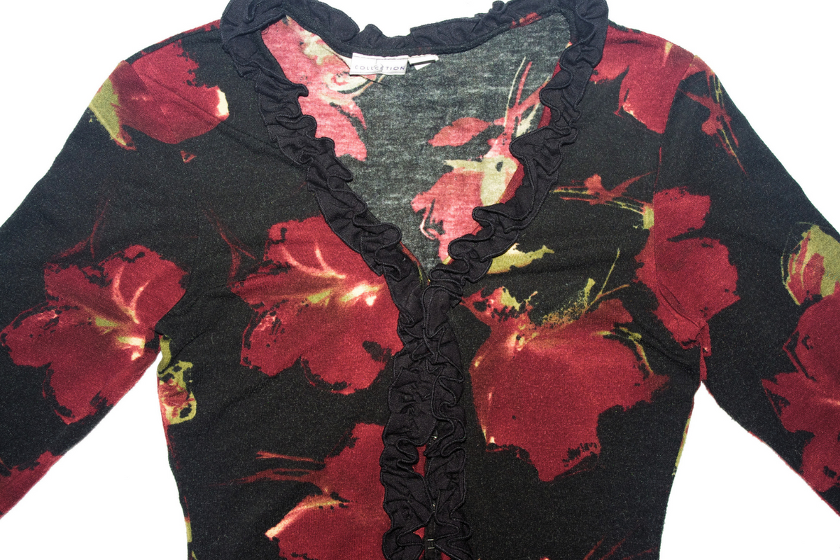 Black & Red Floral print Ruffle Clasp Long Sleeve
