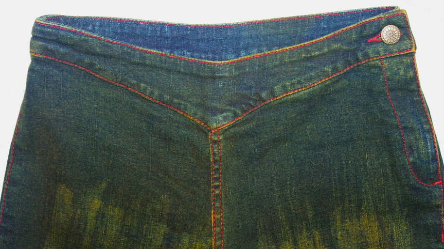Green Tinted Washed Denim Bootcut / Flared Embroidered Jeans