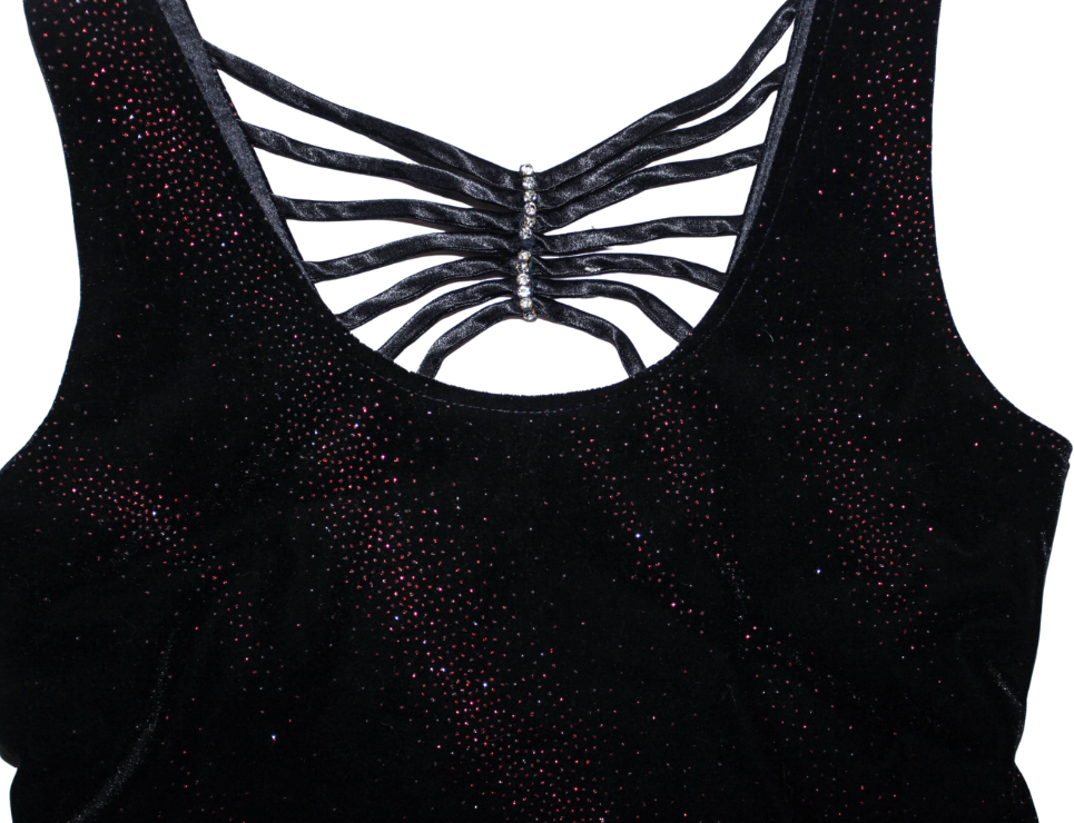 Black Velvet Strappy Mini Dress with Subtle Red Sparkles Throughout