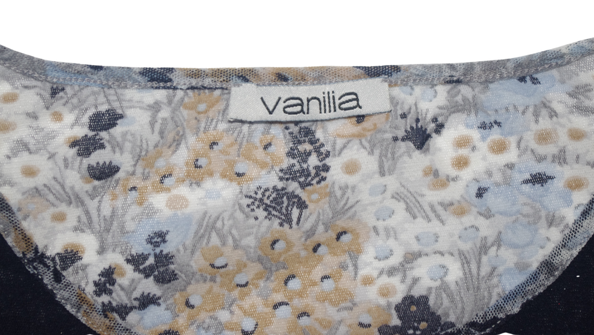 3/4 Sleeve Navy & Floral Pattern Mesh Top Flower Motif
