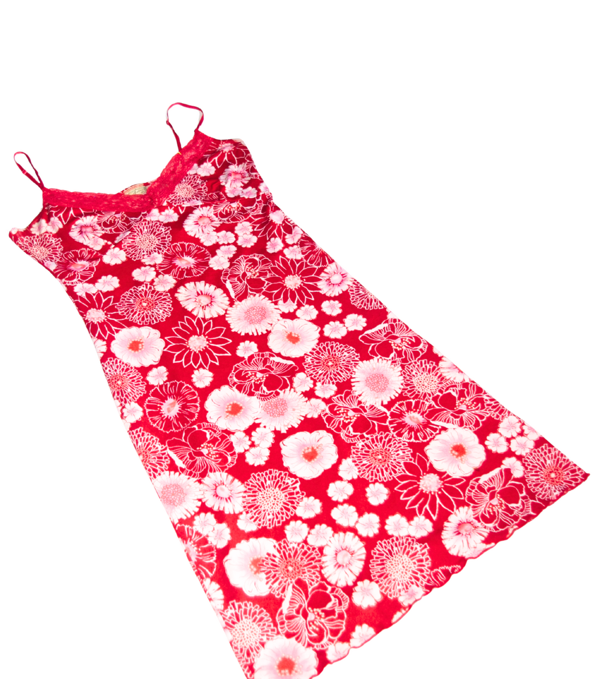 Red Floral Midi Dress with Lace Detailing