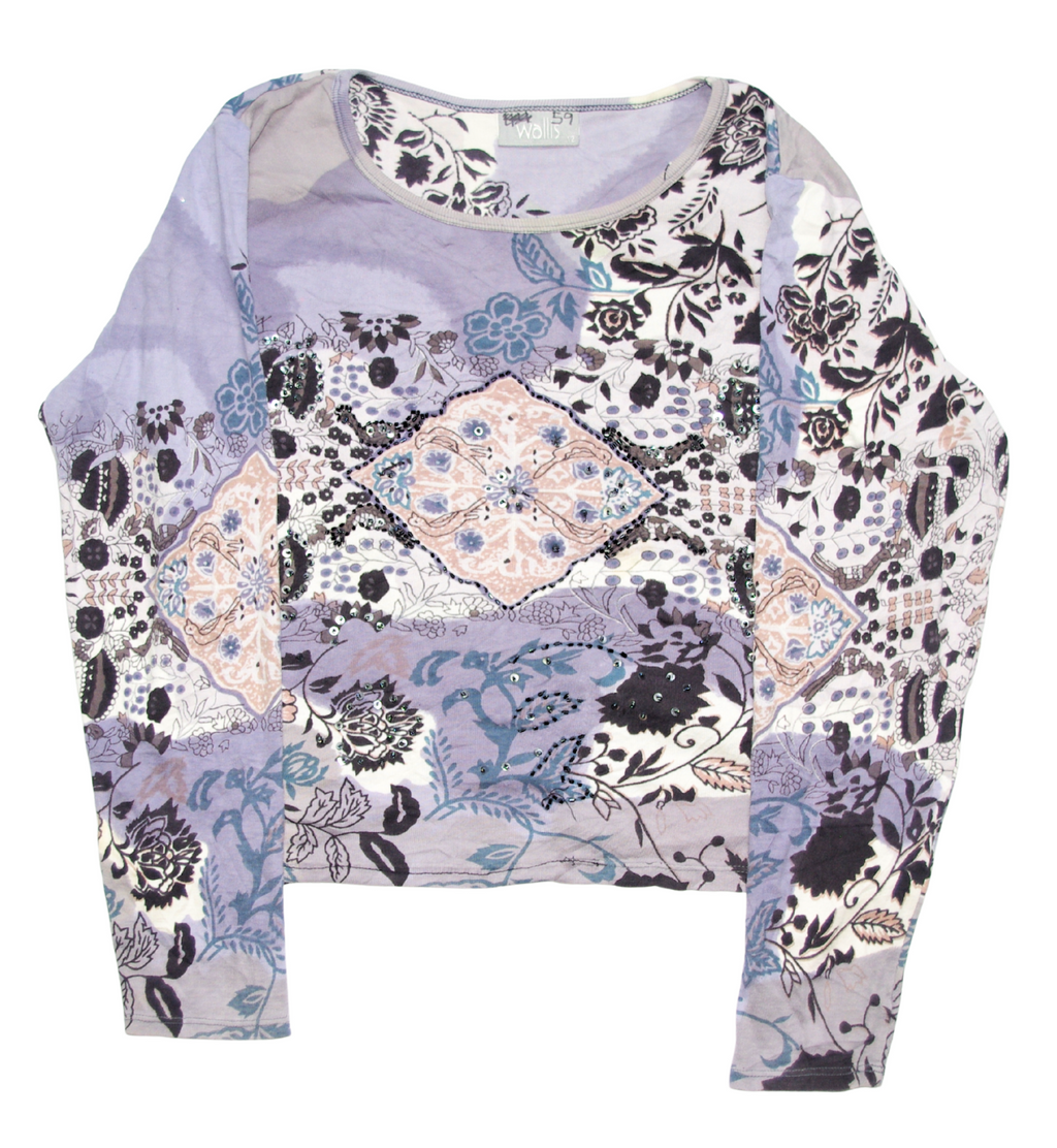 Blue/Grey Y2K Diamanté Sequin Beaded Mixed Print Long Sleeve