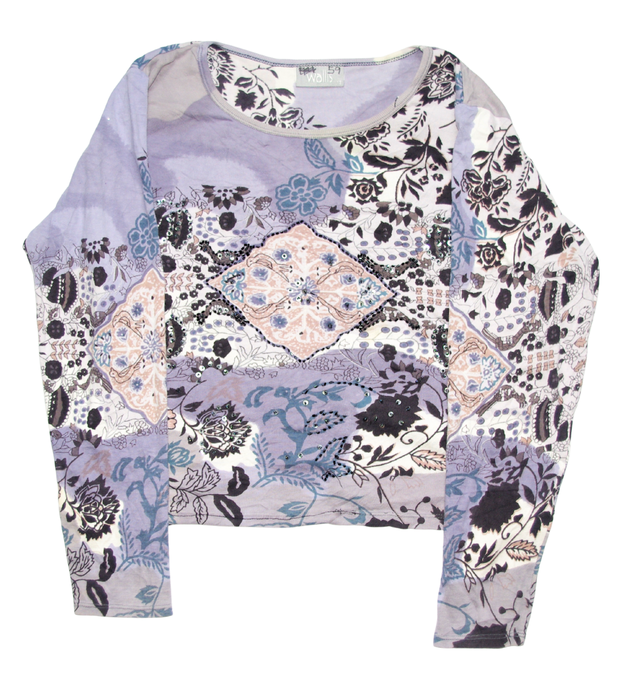 Blue/Grey Y2K Diamanté Sequin Beaded Mixed Print Long Sleeve