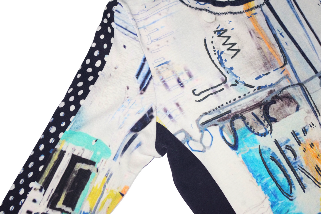 Abstract Graphic White & Blue Long Sleeve Top