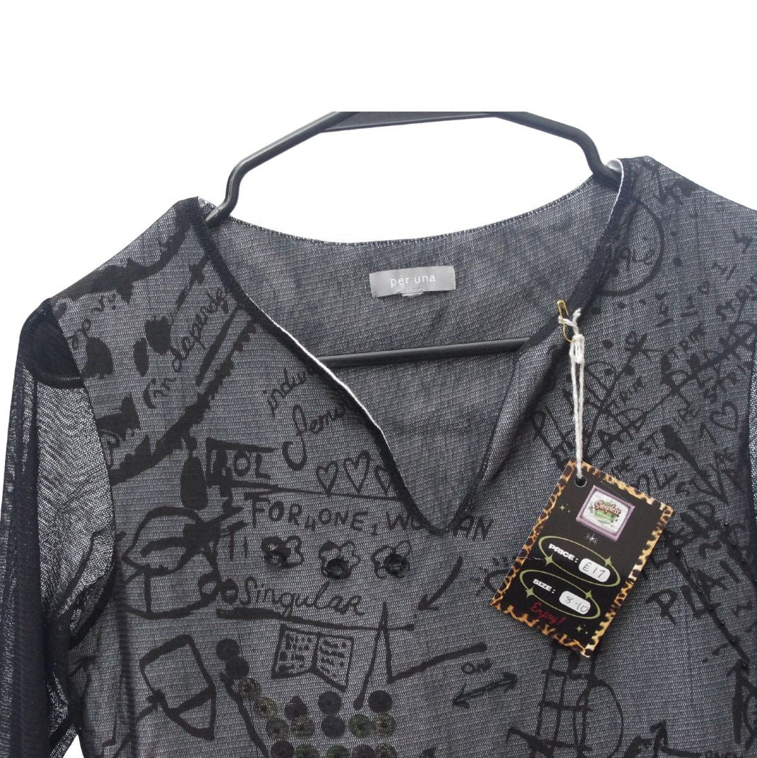 Grunge black mesh long sleeve graffiti top