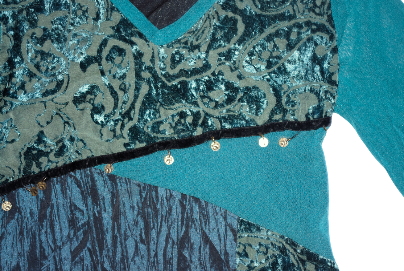 Teal Hippie Patchwork velvet flared sleeve top