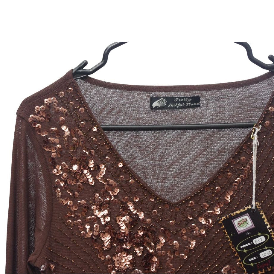 Brown Long Sleeve Swirly sequin top