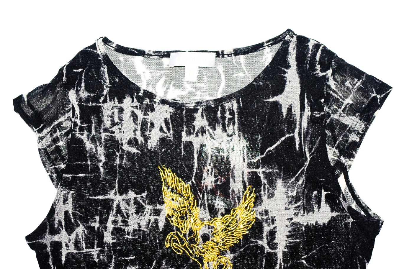 Y2K Black Mesh Abstract Crackle Print Beaded Bird Short Sleeve