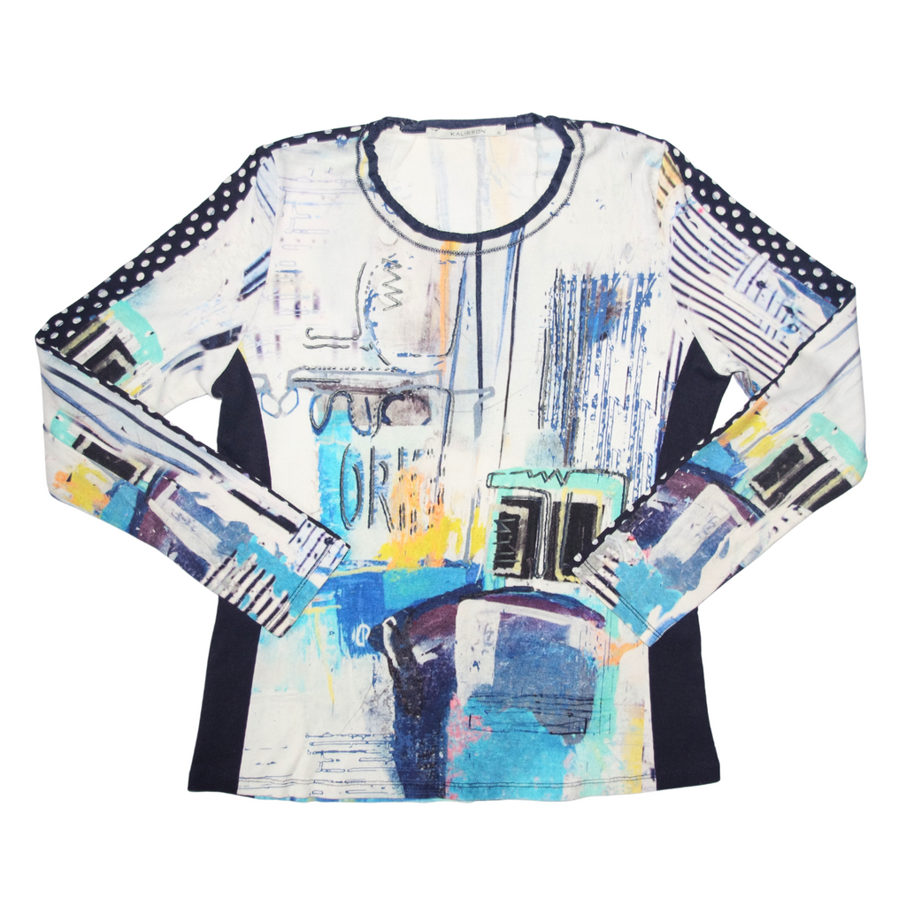 Abstract Graphic White & Blue Long Sleeve Top