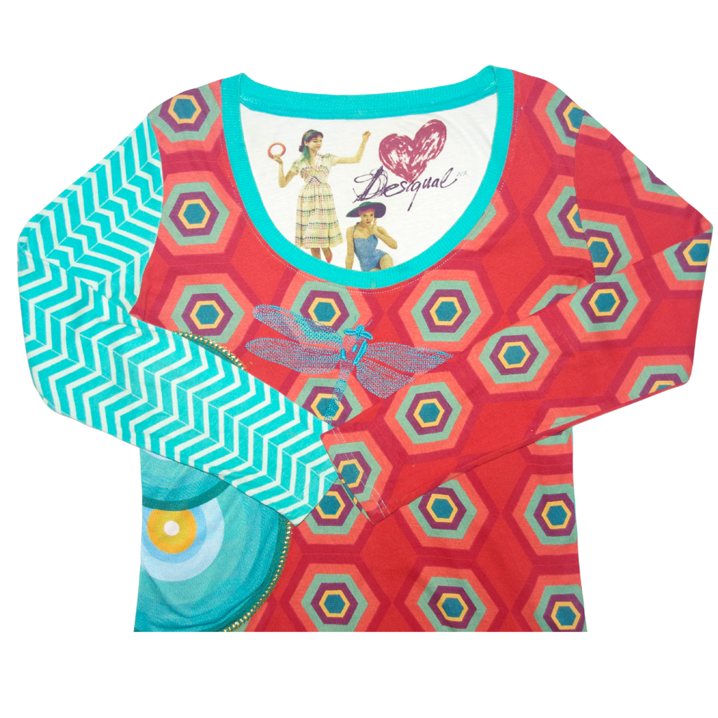 Desigual Red & Turquoise Graphic Long Sleeve Top