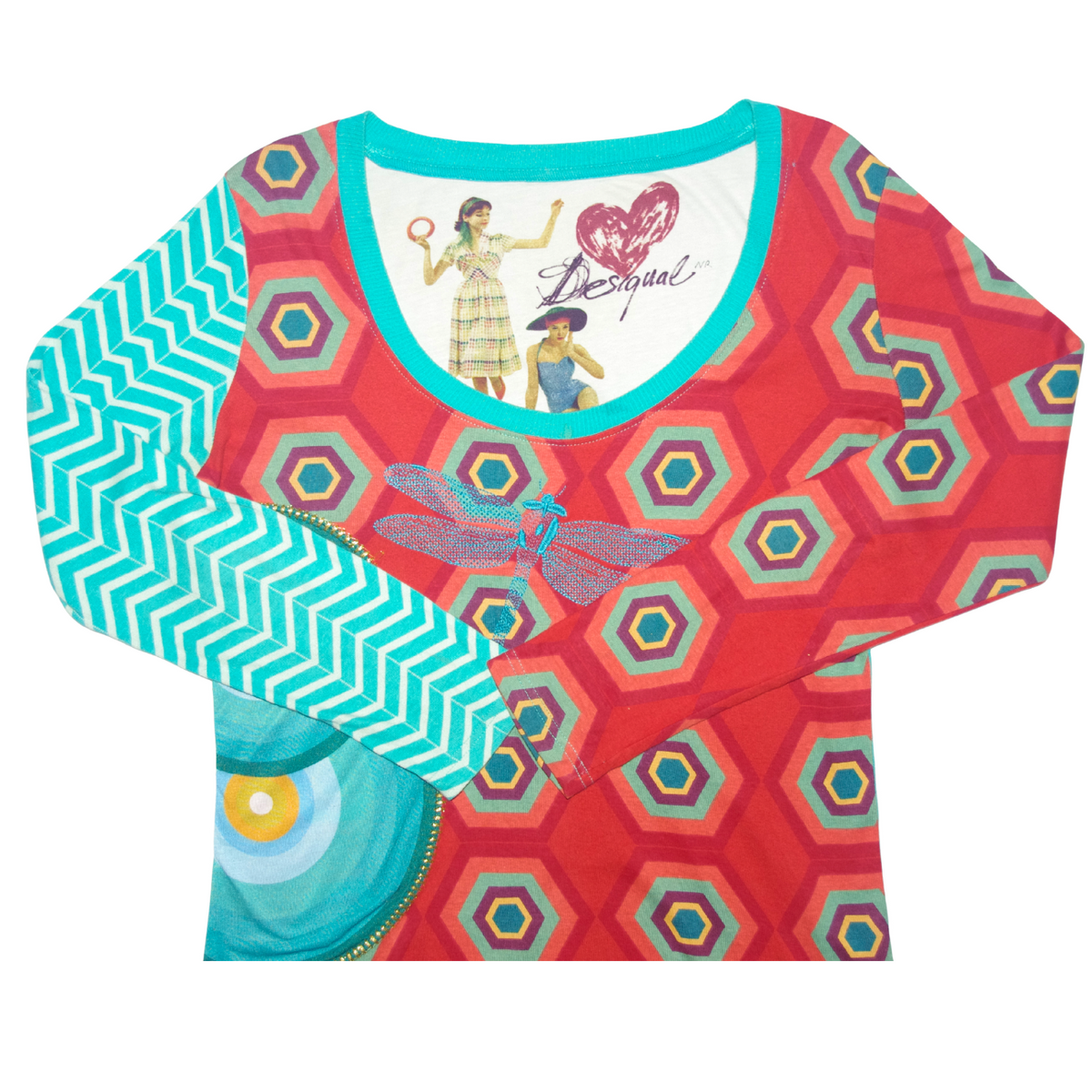 Desigual Red & Turquoise Graphic Long Sleeve Top