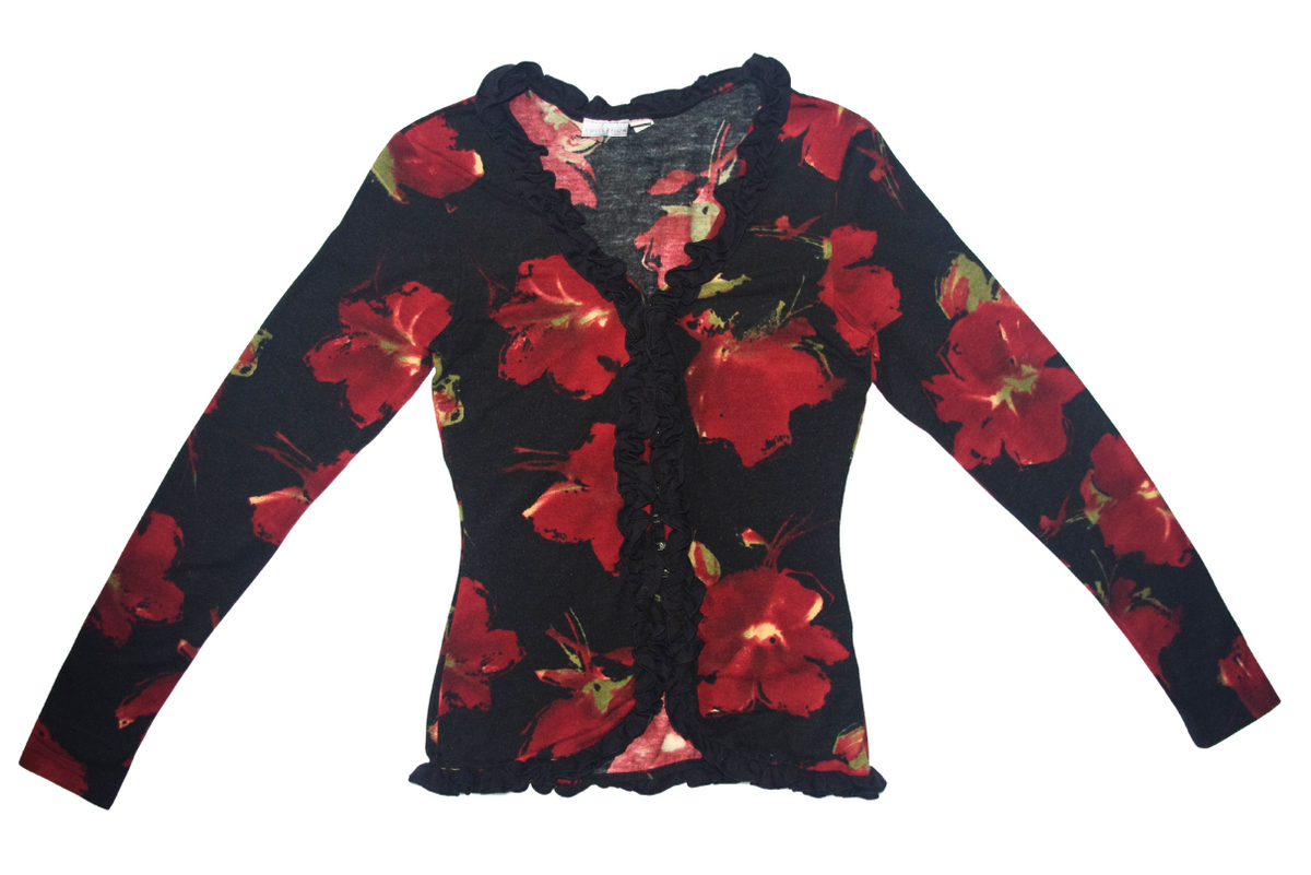 Black & Red Floral print Ruffle Clasp Long Sleeve