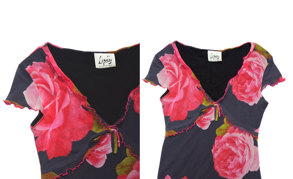 Grey Mesh Midi Dress with Pink Roses and Lettuce Hem