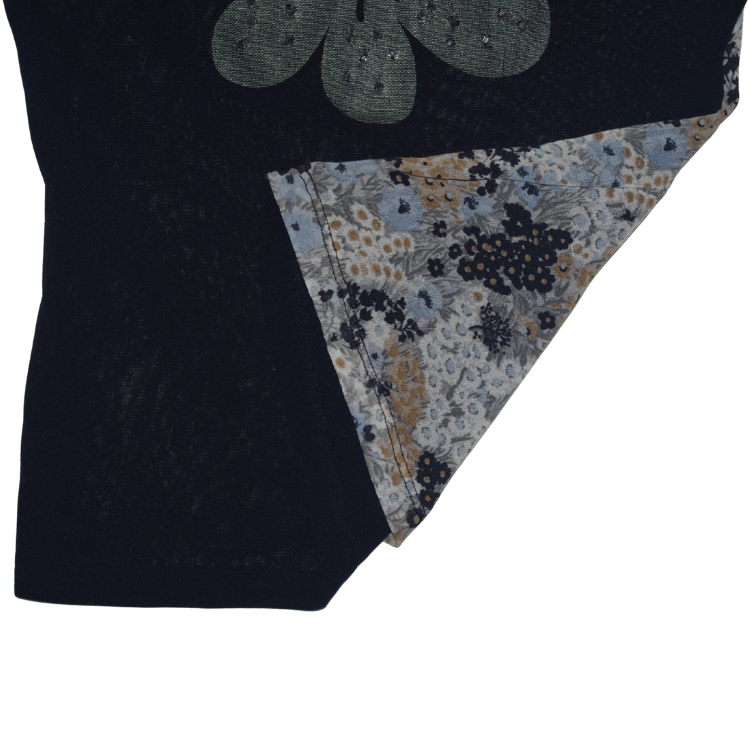 3/4 Sleeve Navy & Floral Pattern Mesh Top Flower Motif