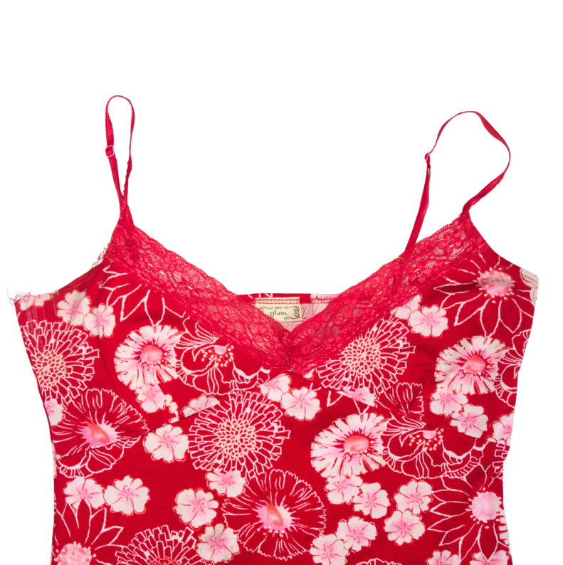 Red Floral Midi Dress with Lace Detailing