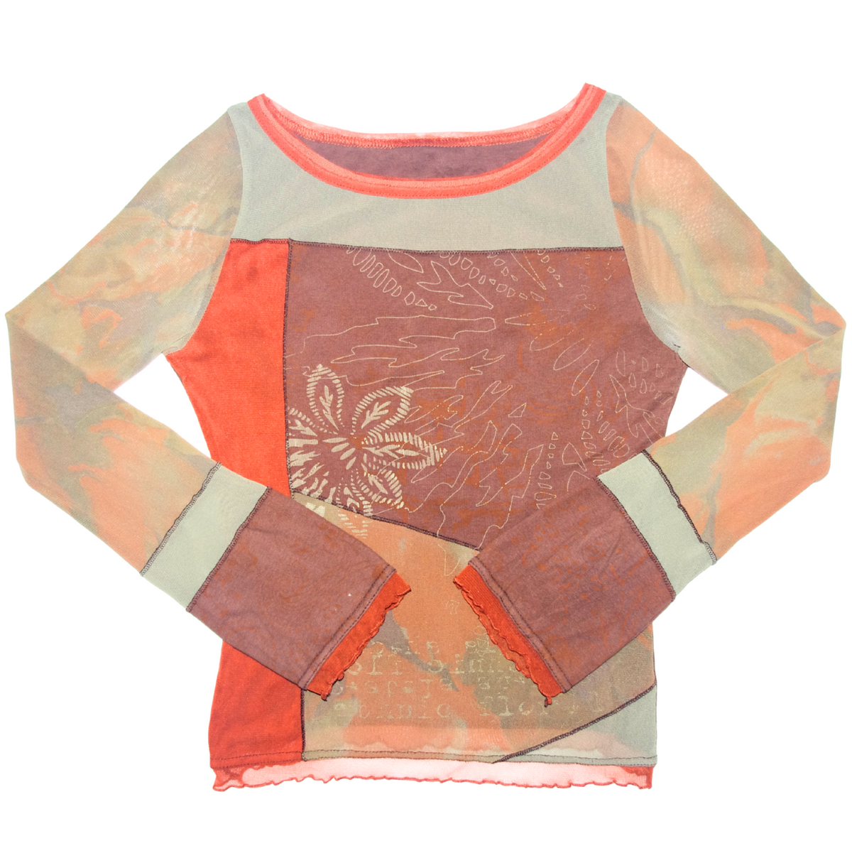 Orange & Green/Blue mesh Patchwork Long Sleeve Lettuce Hem Top