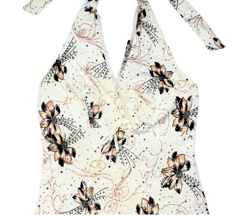 White Halterneck Floral Sparkly Dress with Lace Overlay