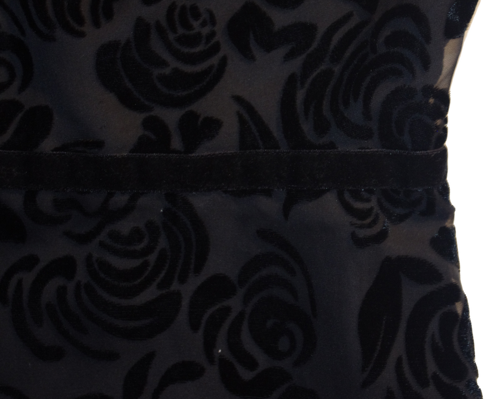 Black Baby Doll Style Sleeveless Top with Velvet Floral Detailing