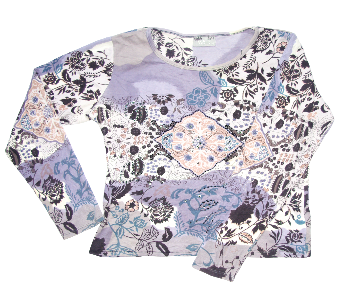 Blue/Grey Y2K Diamanté Sequin Beaded Mixed Print Long Sleeve