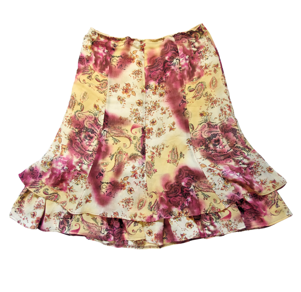Dark Pink and Beige Floral 90s layered Midi Layered Flow Skirt