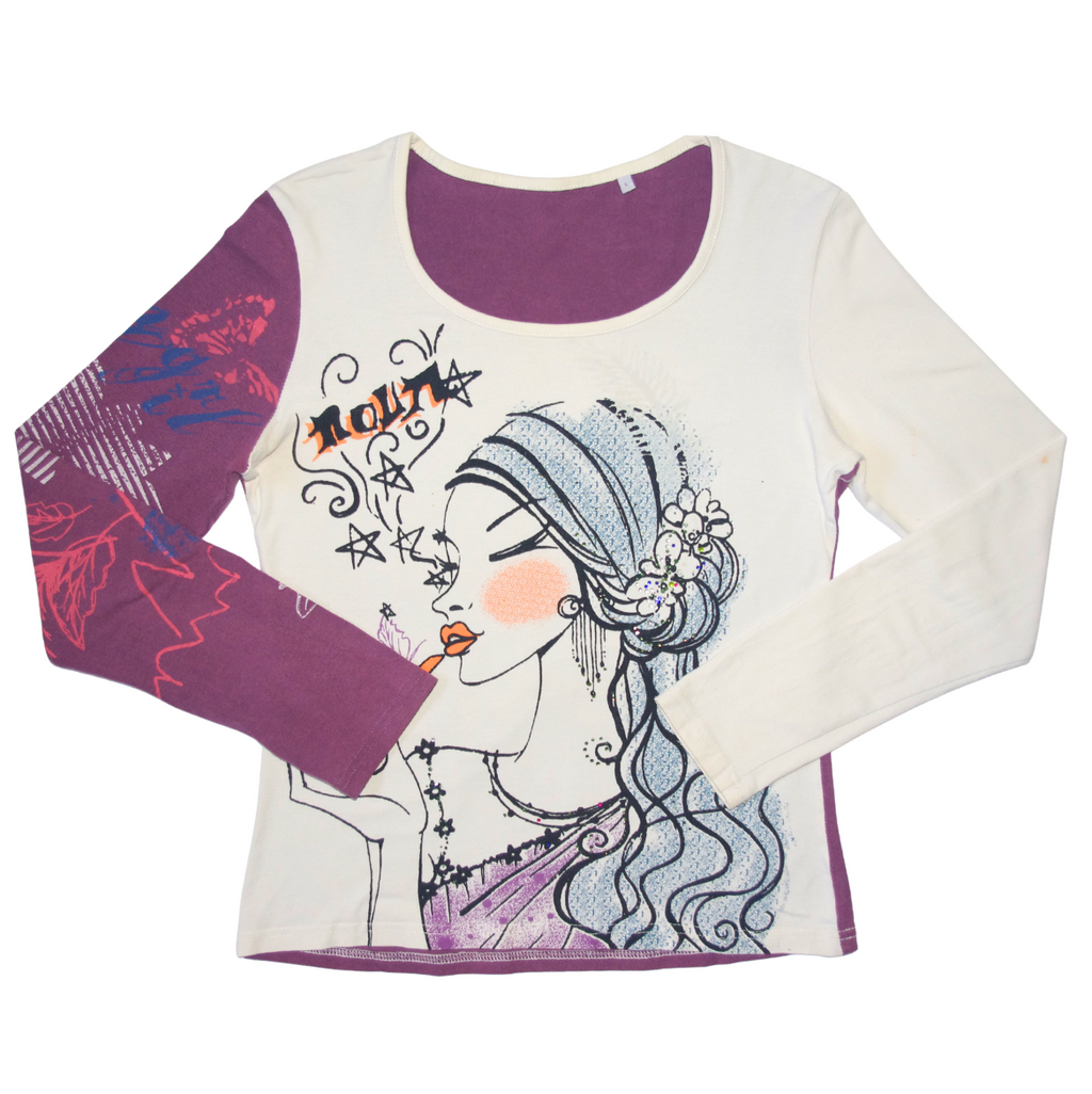 Purple & Cream Graphic Girl Long Sleeve Top