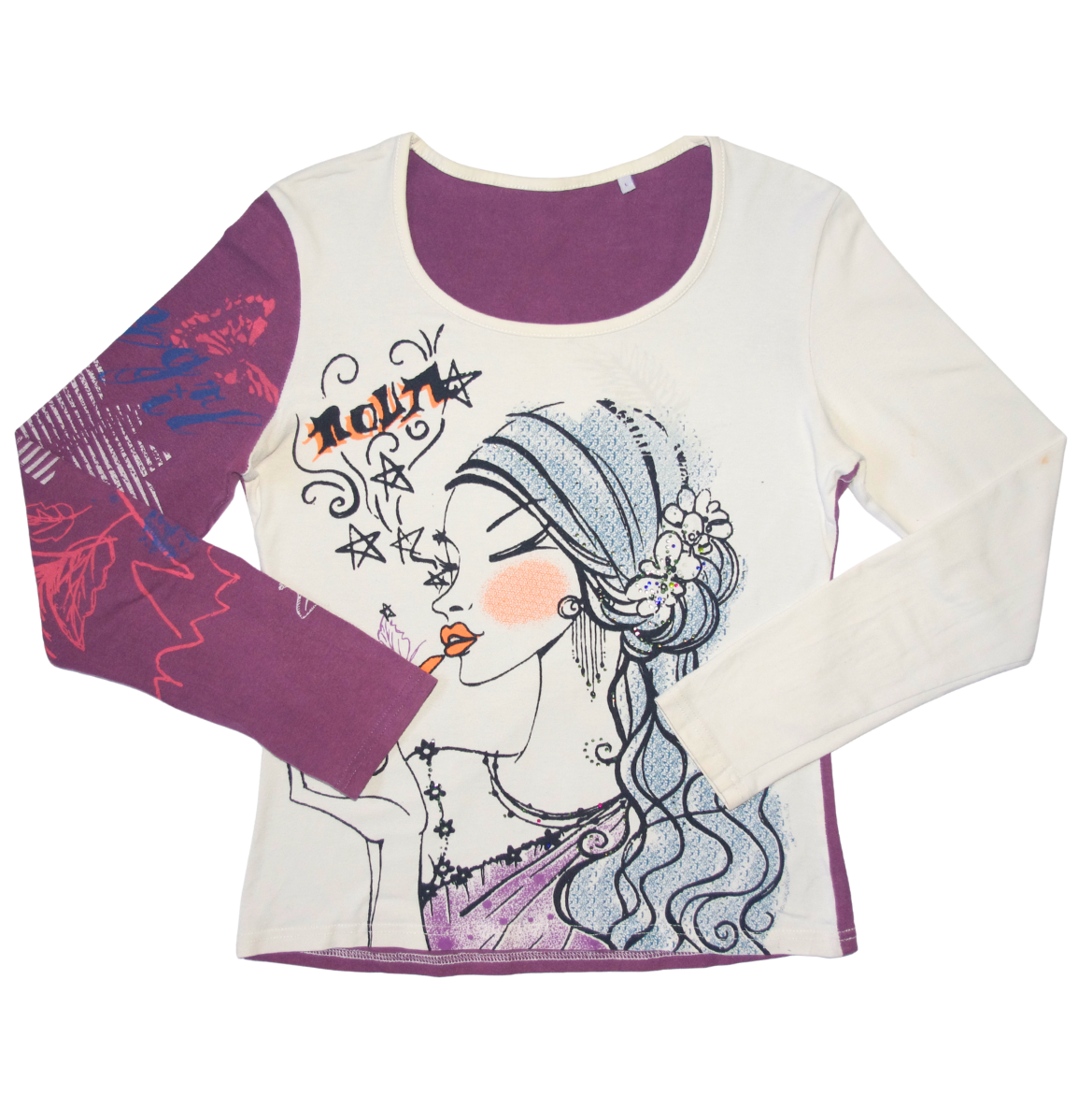 Purple & Cream Graphic Girl Long Sleeve Top