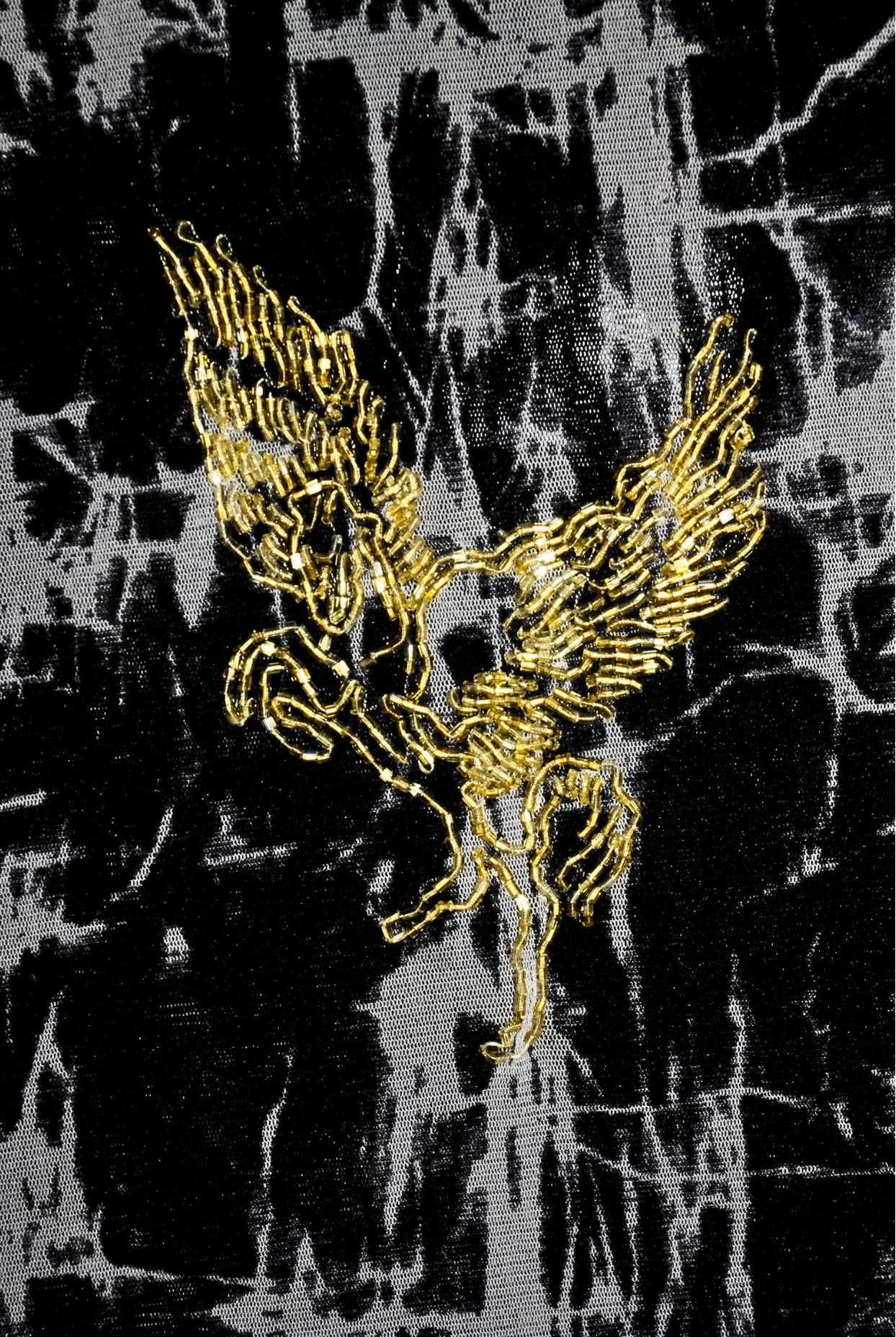 Y2K Black Mesh Abstract Crackle Print Beaded Bird Short Sleeve