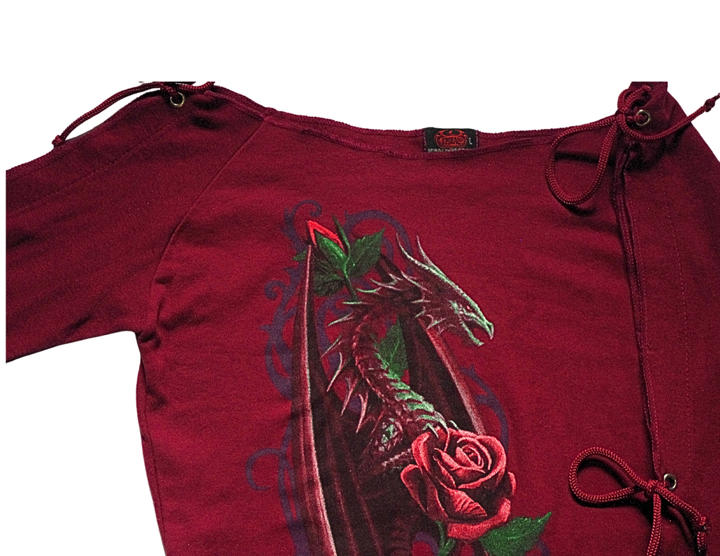 Y2K Wine Red Dragon Print Corset Tie Wing Sleeved Top