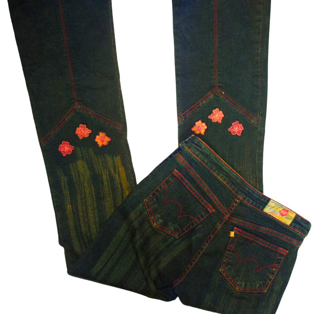 Green Tinted Washed Denim Bootcut / Flared Embroidered Jeans