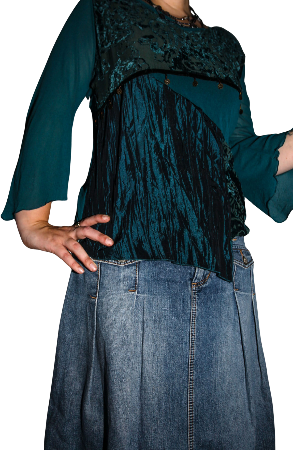 Teal Hippie Patchwork velvet flared sleeve top